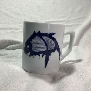 Overjoy Vintage Hand Painted Blue Fish Porcelain Coffee Mug Hong Kong Coastal